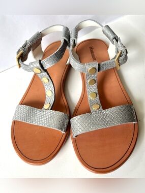 NEW Hammitt Jesse Meteor Silver Blue Metallic Gold Stud T Strap Buckle Sandals 7